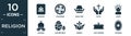 filled religion icon set. contain flat judaism, paganism, noah ark, faith, jesus, mosque, easter eggs, heresy, last supper,