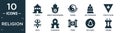 filled religion icon set. contain flat temple, semitic neopaganism, taoism, wat phrakaew, star of david, shiva, synagogue, torah,