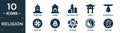 filled religion icon set. contain flat tombstone, shrine, wat maha that, shinto, standing bell, swastika, zen, satanism, yin yang