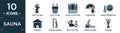 filled sauna icon set. contain flat mottled skin, cold plunge, sound stimulation, hygrometer, sauna temperature, hideaway, dousing