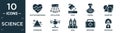 filled science icon set. contain flat electrocardiogram, oscillation, pour, poison, geometry, dispersion, gravity, nixie,