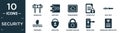 filled security icon set. contain flat barricade, safe box, transparent, locked file, seat belt, drowning, padlocks, blocked