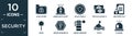 filled security icon set. contain flat lock folder, ambulance alert, black shield, two dollar bills, unlocked file, mace, question