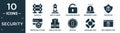 filled security icon set. contain flat obstacle, watch tower, unlocked padlock, emergency light, protector, protected cit card,