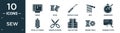 filled sew icon set. contain flat arras, spool, crochet hook, knit, embroidery, spool of thread, sewing scissors, sew pattern, Royalty Free Stock Photo