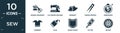 filled sew icon set. contain flat sewing equipment, old sewing machine, grommet, thread nippers, embroidery, garment, glue, jeans