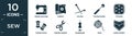 filled sew icon set. contain flat sewing machine, fabrics, pin sew, tracing wheel, stiching, thread spool, pinking shears, Royalty Free Stock Photo