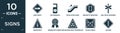 filled signs icon set. contain flat keep right, disturbance, escalator going down, brackets grouping, rail road crossing cross,