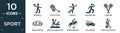 filled sport icon set. contain flat dodgeball, shuttlecock, kung fu, bodybuilding, lacrosse, sport goggles, artistic gymnastics,