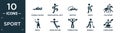 filled sport icon set. contain flat formula racing, mixed martial arts, drifting, aikido, polo sport, kendo, figure skating,