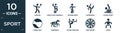 filled sport icon set. contain flat hurling, unicycling handball, racewalking, kickboxing, diving sport, tennis ball, horseball,