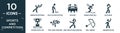 filled sports and competition icon set. contain flat american football player catching the ball, golf player hitting, estadio,