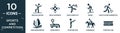 filled sports and competition icon set. contain flat man balancing, ninja shuriken, man losing hat, skiing, man playing badminton