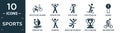 filled sports icon set. contain flat bicycle for children, exercise gym, golf player, stick figure on snowboard, awards, windsurf