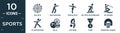 filled sports icon set. contain flat bullseye, man punching, pencak silat, boy with skatingboard, jet surfing, ice skating man, Royalty Free Stock Photo