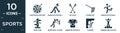 filled sports icon set. contain flat dartboard and dart, american football player picking the ball, ski poles, fishing net,