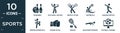 filled sports icon set. contain flat equipment, volleyball motion, weight lifting, waterpolo, dancing motion, person kicking ball