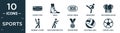 filled sports icon set. contain flat hockey puck, ankle, hockey arena, taekwondo, two boxing gloves, baseball player with bat, man