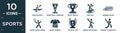 filled sports icon set. contain flat man in canoe, basketball champion, sport trophy, surf sea, running track, man playing tennis Royalty Free Stock Photo