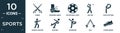 filled sports icon set. contain flat saber, sprained ankle, soccer ball with pentagons, batter, yoga posture, karate fighter,
