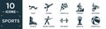 filled sports icon set. contain flat squat, capoeira, cheque flag, trekking, motocross, ski boots, medieval fencing, gym weight,