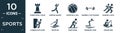filled sports icon set. contain flat tower from a chess set, jumping dancer, basketball ball with line, dumbbell for training, Royalty Free Stock Photo