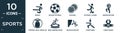 filled sports icon set. contain flat wushu, soccer football ball, gym ball, football player with ball, dancer motion, football
