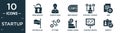 filled startup icon set. contain flat open padlock, startup head, new product, strategy thought, hire, success flag, attitude,