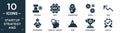 filled startup strategy and icon set. contain flat strategy, best, brainstorm, gears, rise, partnership, strategy thought, peak,