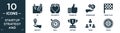 filled startup strategy and icon set. contain flat de, solidarity, thumb up, commission, finish flag, project, goal, victory, team