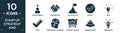 filled startup strategy and icon set. contain flat entrepreneur, cooperation, success flag, accept, idea, valid, strategical