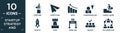 filled startup strategy and icon set. contain flat overcome, paper plane, grow, businessman and strategy, career ladder, startup,
