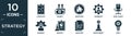filled strategy icon set. contain flat strategy?, money?, question?, business?, desk chair?, worker?, report?, analysis?,