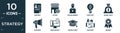 filled strategy icon set. contain flat resume?, store?, programmer?, creative?, money bag?, speaker?, responsive?, graduation?,