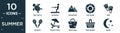 filled summer icon set. contain flat sea turtle, waterski, mountains, life guard, fins, rackets, beach chair, beach bag, pinic