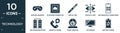 filled technology icon set. contain flat antique gamepad, telephone connector, digital pen, contact lens, mathematical operations