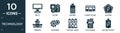 filled technology icon set. contain flat big tv, go pro, baterry, cassette tape, electric, touristic, customize, battery levels,