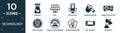 filled technology icon set. contain flat biomass, null, vintage mic, wireless mouse, cinema projector, circuit board, vehicle