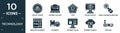 filled technology icon set. contain flat colory theory, opening tag and closing tags, css3, retina display, search engine