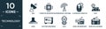 filled technology icon set. contain flat dish, computer microprocessor, frequency antenna, classroom computer mouse, null, hood,