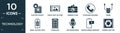 filled technology icon set. contain flat electric socket on fire, tablet with picture, camera flash, telephone receiver, tinsel, Royalty Free Stock Photo
