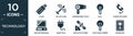 filled technology icon set. contain flat flash, solar plane, hairdressing tools, null, phone with wire, vintage personal computer