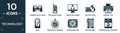 filled technology icon set. contain flat gamepad with cable, big walkie talkie, computer screen linux, battery level, printer tool Royalty Free Stock Photo