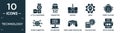 filled technology icon set. contain flat little camcorder, transistor, receive, ideas, robot vacuum, globe connected circuit, hd