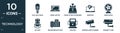 filled technology icon set. contain flat old light bulb, open laptop, cross stuck in ground, services, ventilator, old mic,