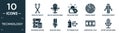 filled technology icon set. contain flat printed circuit connections, big old microphone, solar battery, radar sweep, humanoid