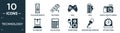 filled technology icon set. contain flat television remote control, tee power, null, null, digital photo camera, 3d printers, Royalty Free Stock Photo