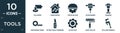 filled tools icon set. contain flat polishers, home repair, circular saw, jackhammer, rammer, measuring wheel, retractable