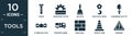 filled tools icon set. contain flat screw, carpenter cutter, bolster, hook with cargo, gardening palette, plumb rule tool,