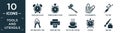 filled tools and utensils icon set. contain flat circular clock, timer round clock, carpentry, attachments, tattoo, key ring with Royalty Free Stock Photo